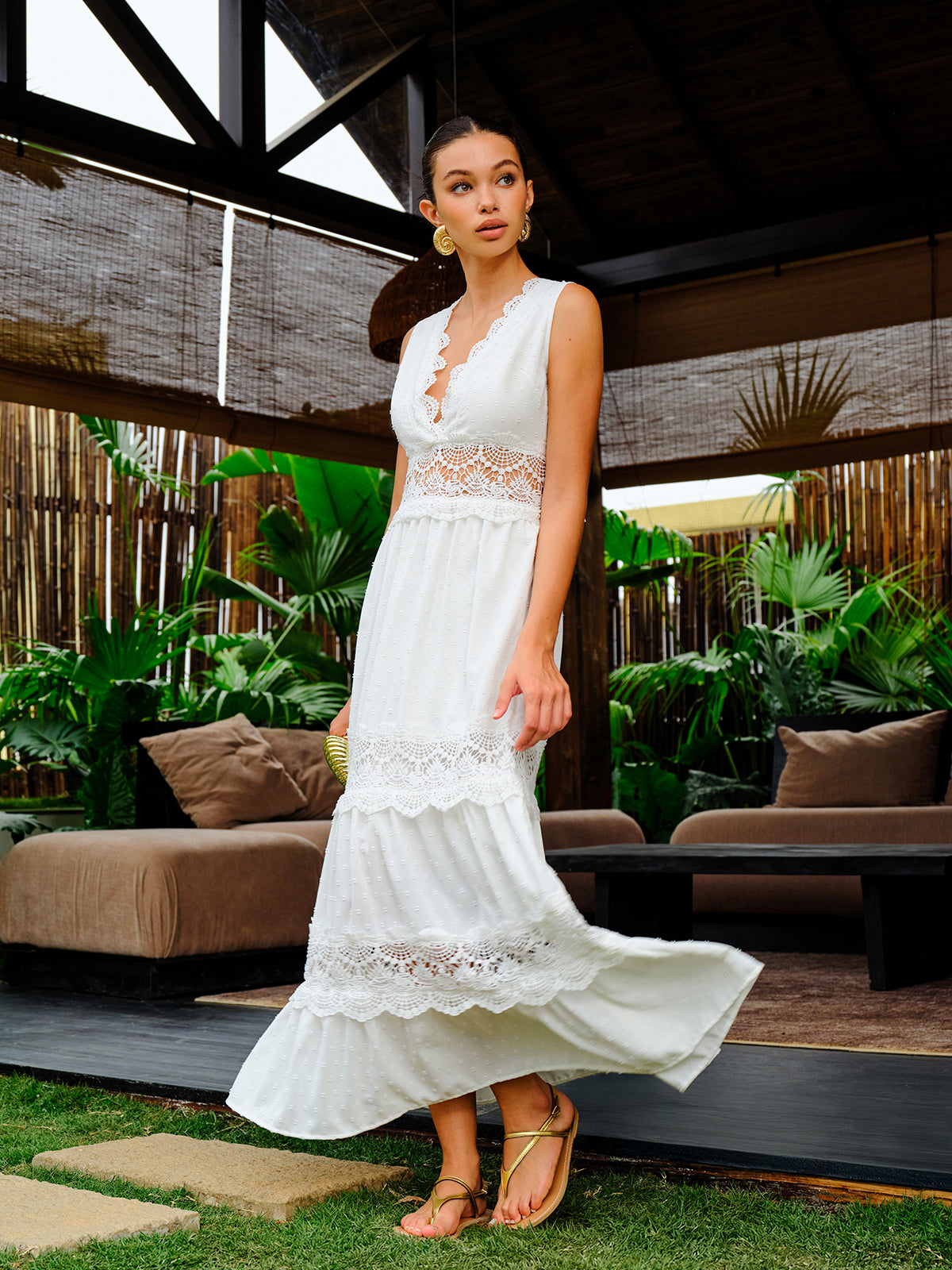 Semi-Sheer Lace Trim V-Neck Dress
