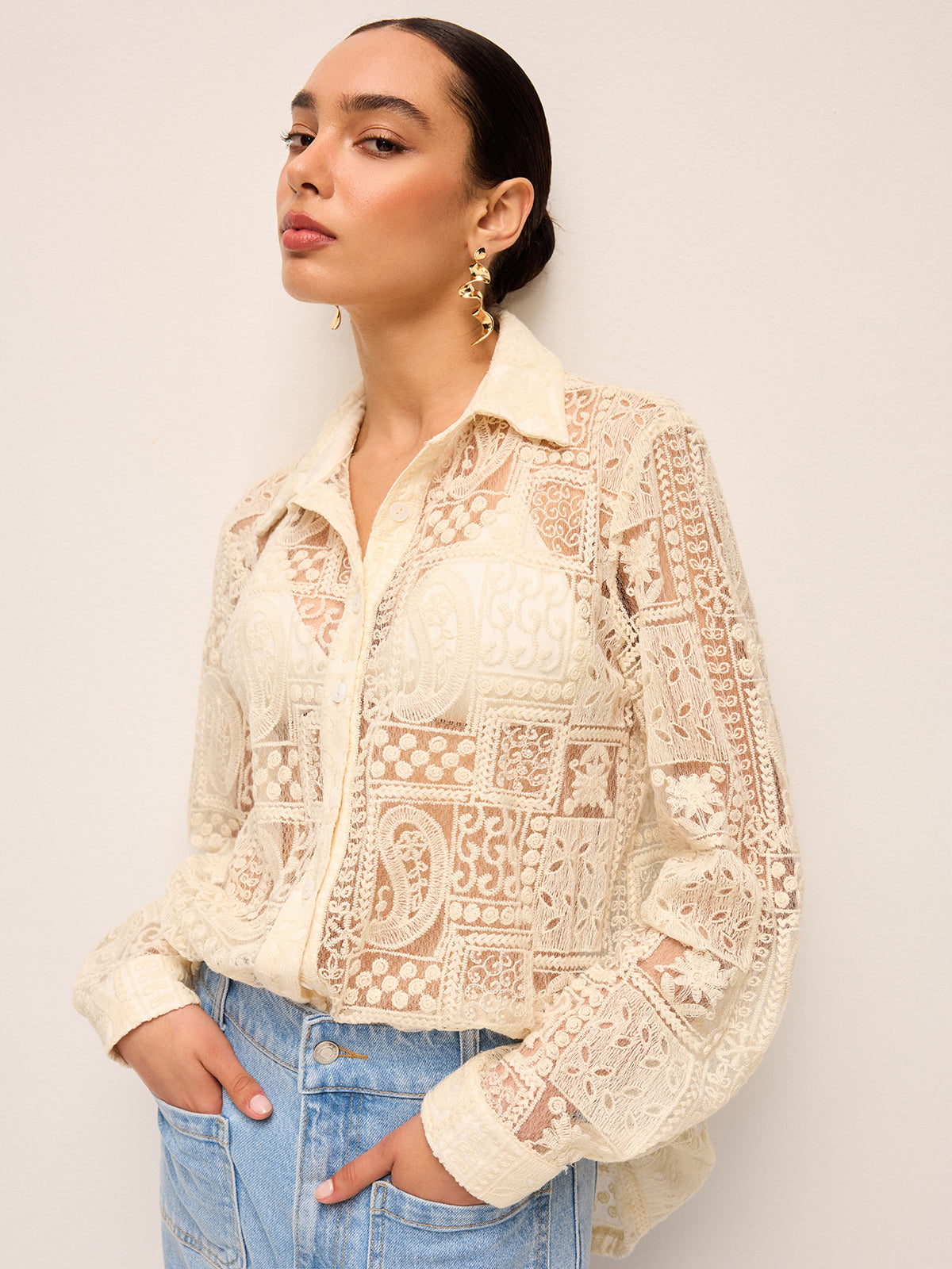Long-Sleeve Lace Polo Collar Cotton-Blend Shirt