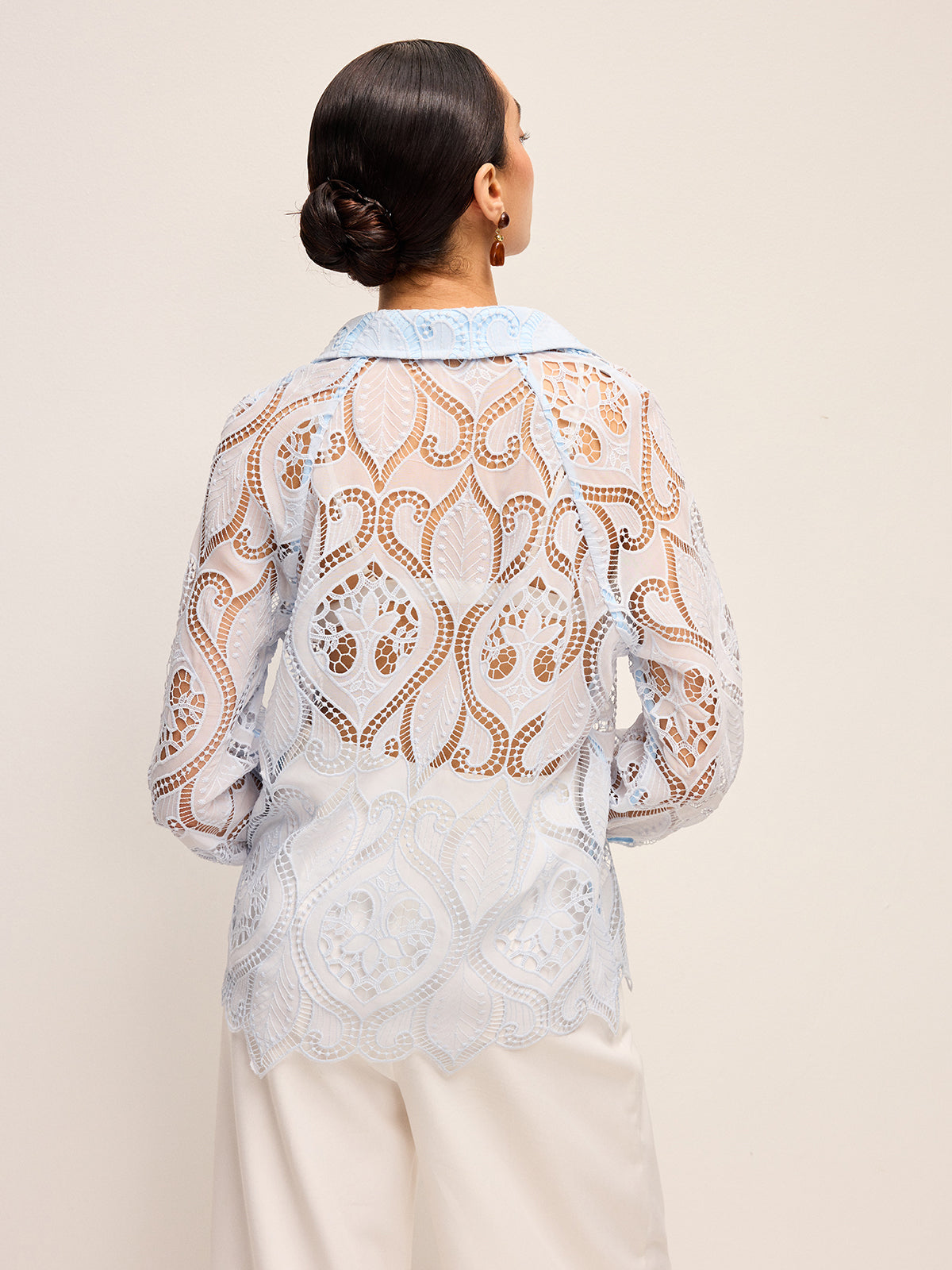 Sheer Lace Blouse With Cloth Button