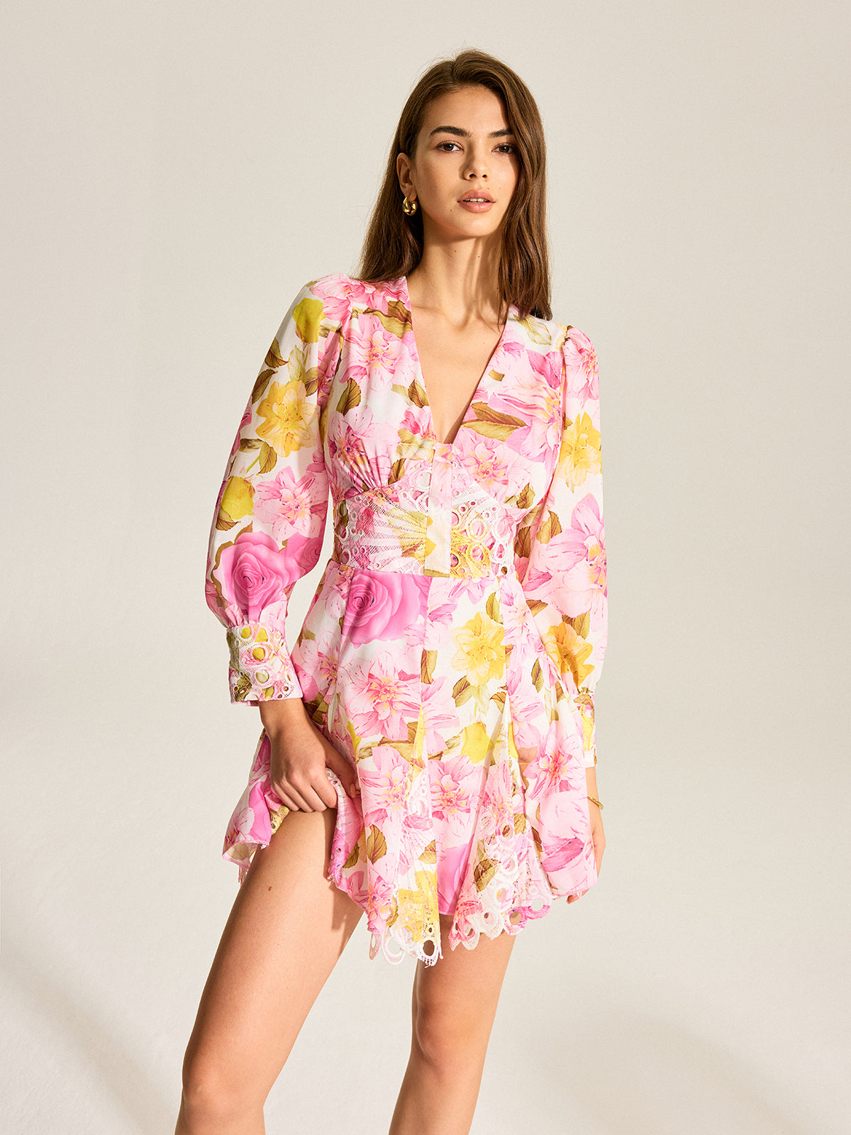 Floral Print V-Neck Dress With Eyelet Detail