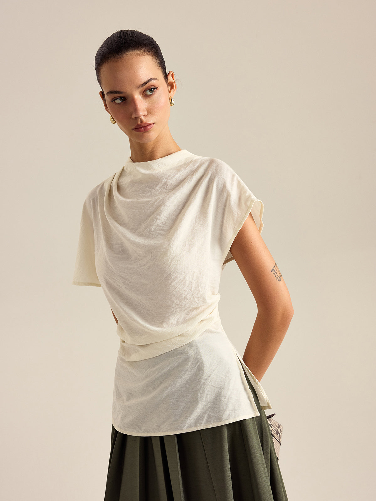 Draped Mock Neck Blouse