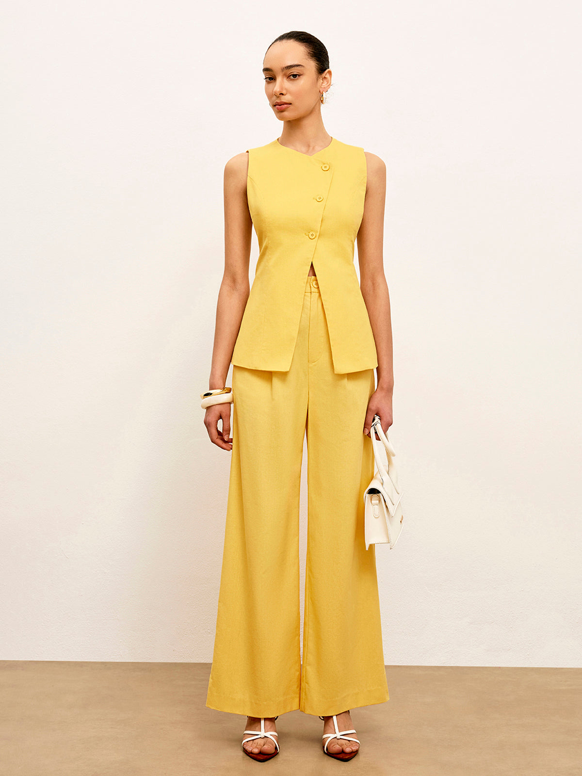 Linen & Cotton Asymmetrical Button Sleeveless Vest