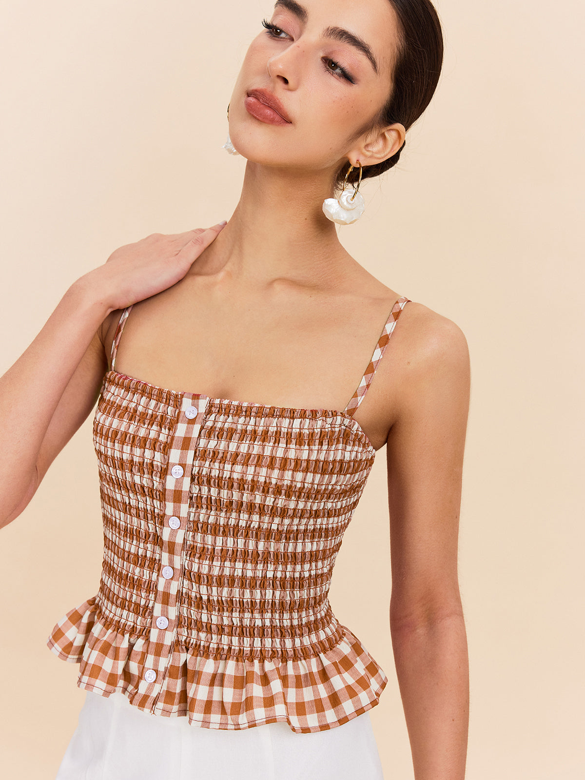 Gingham Smocked Peplum Cami Top