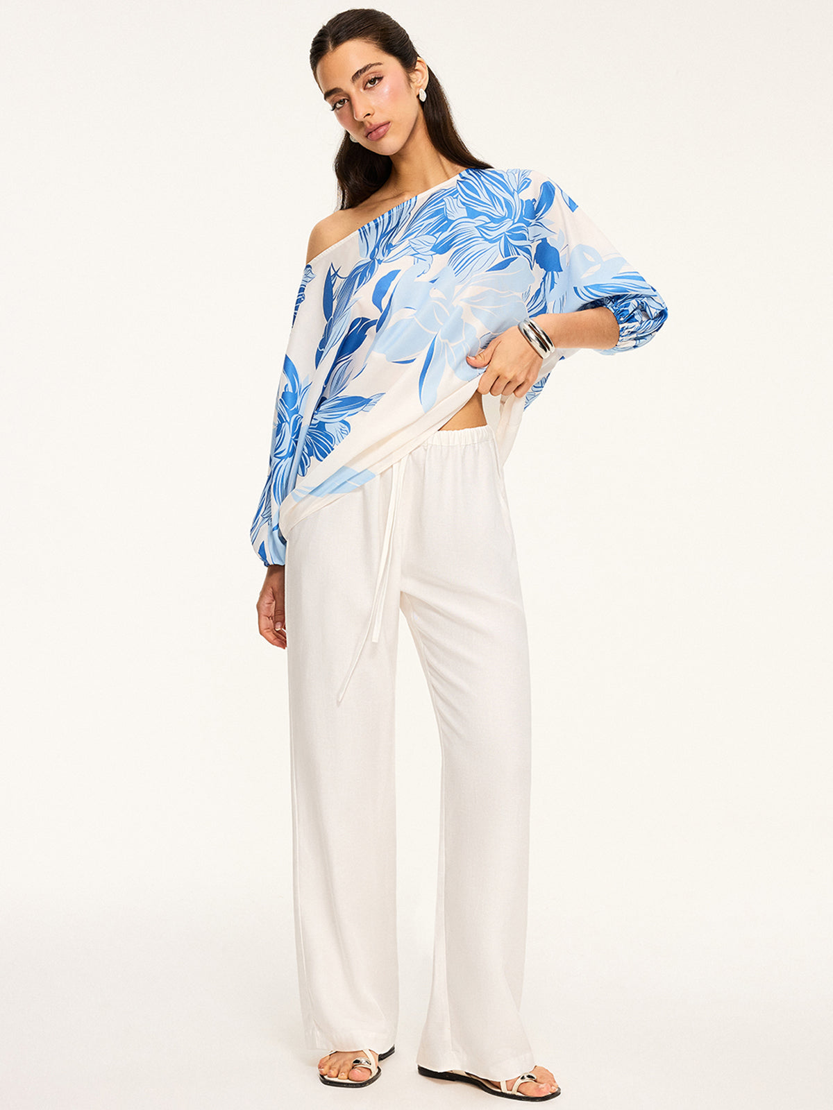 Semi-Sheer Off-Shoulder Floral Print Blouse