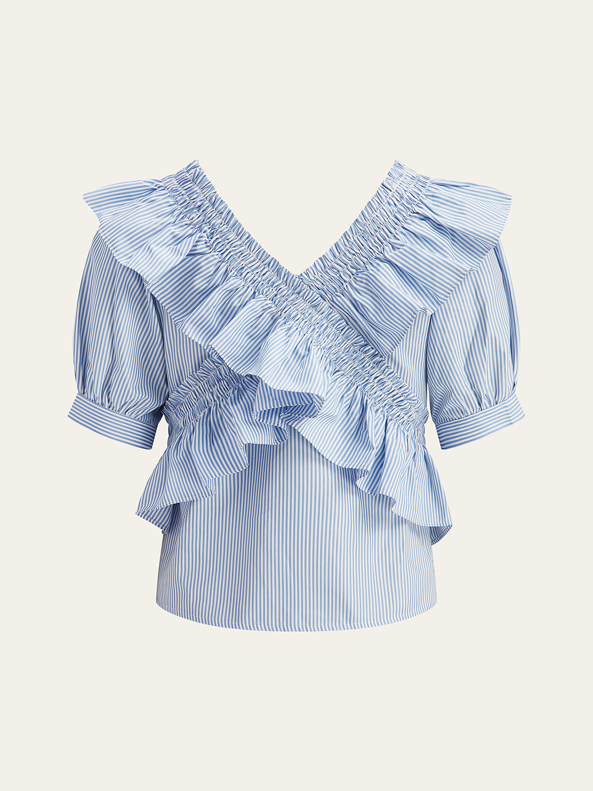 Striped Ruffle V-Neck Puff Sleeve Top