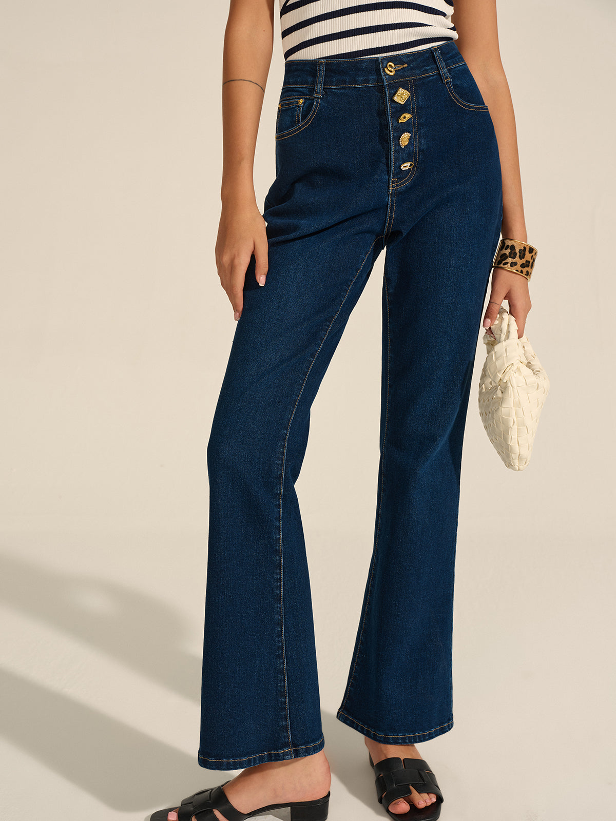 Denim Metal Decor Flared Pants