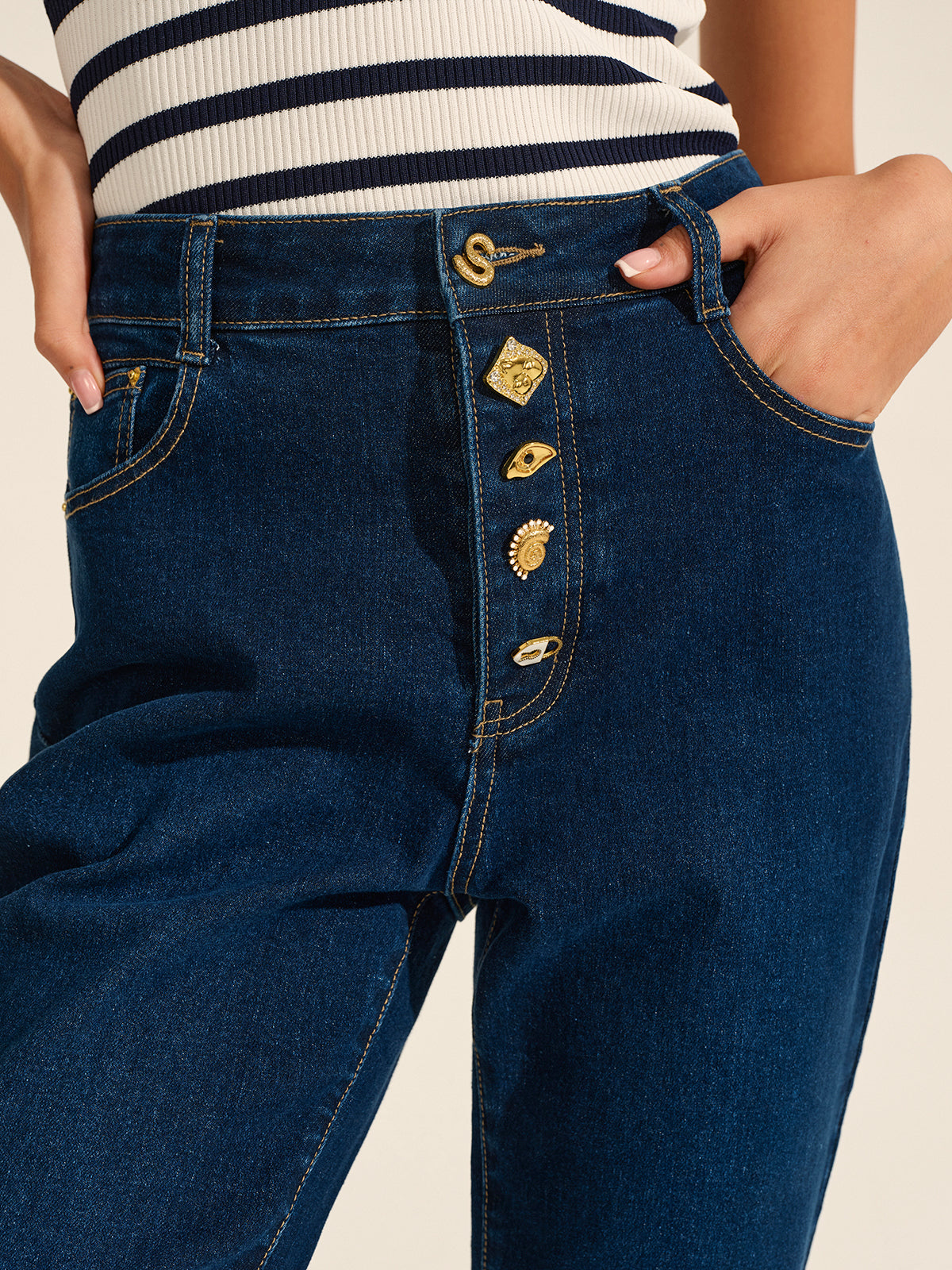 Denim Metal Decor Flared Pants