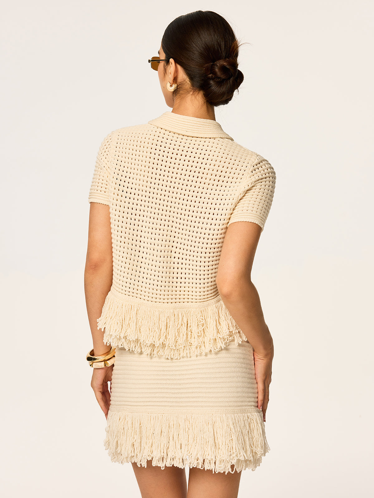Fringed Mesh-Knit Polo Short Sleeve Top