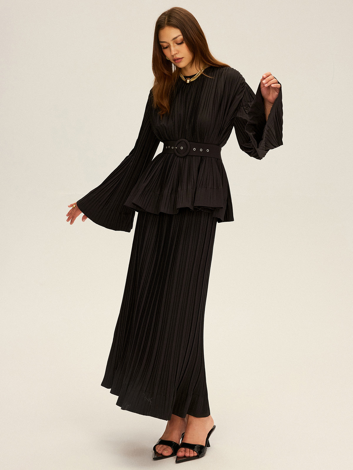 Pleated Elastic Waist Maxi Skirt