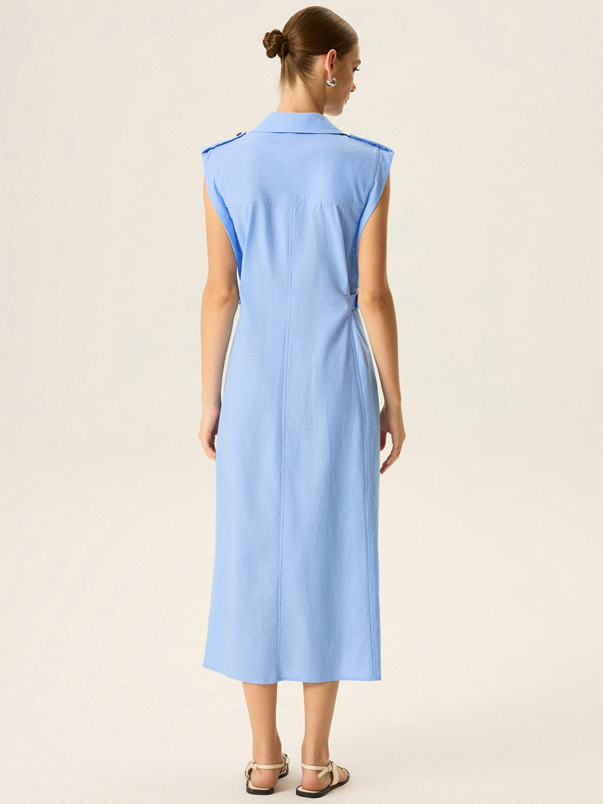 Linen & Cotton V-Neck Midi Dress with Metal Button