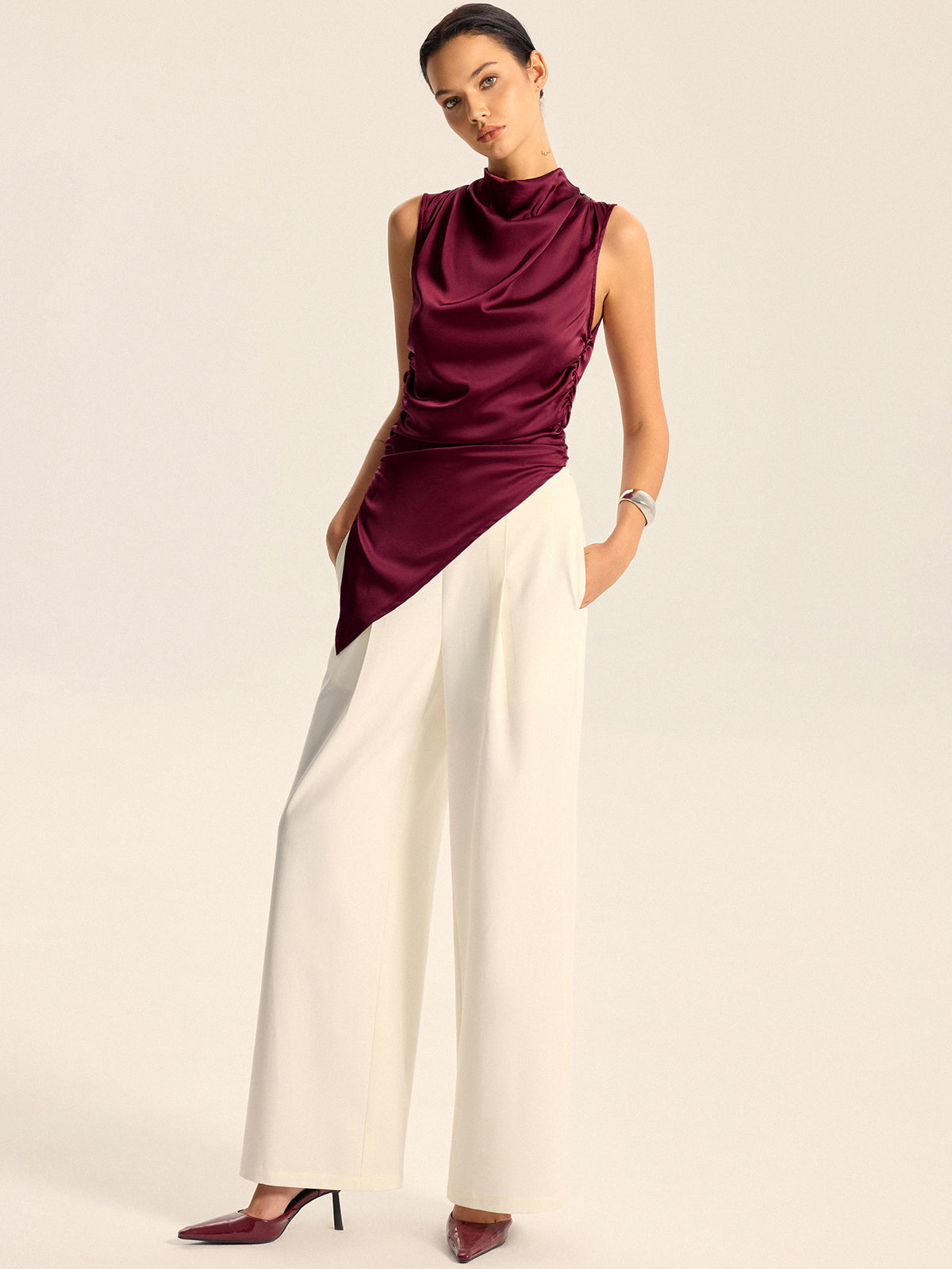 Satin Cowl Neck Asymmetric Hem Top with Back Zipper