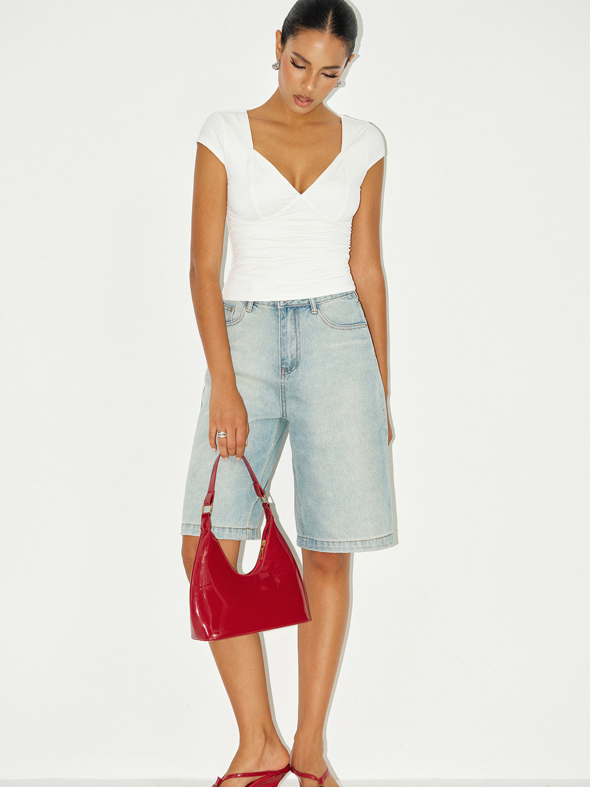 Ruched V-Neck Cap Sleeve T-Shirt