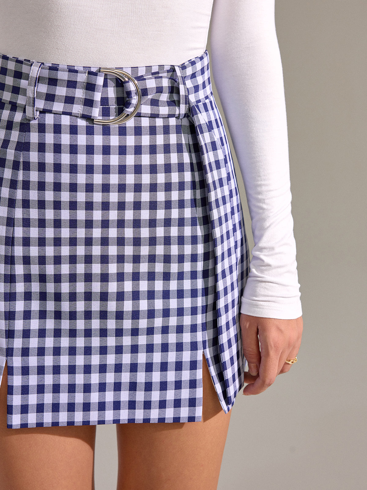 Belted Vintage Gingham Split Mini Skirt