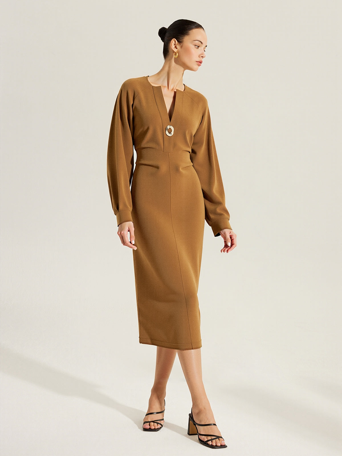 V-Neck Metal Detail Fitted Waist Dress