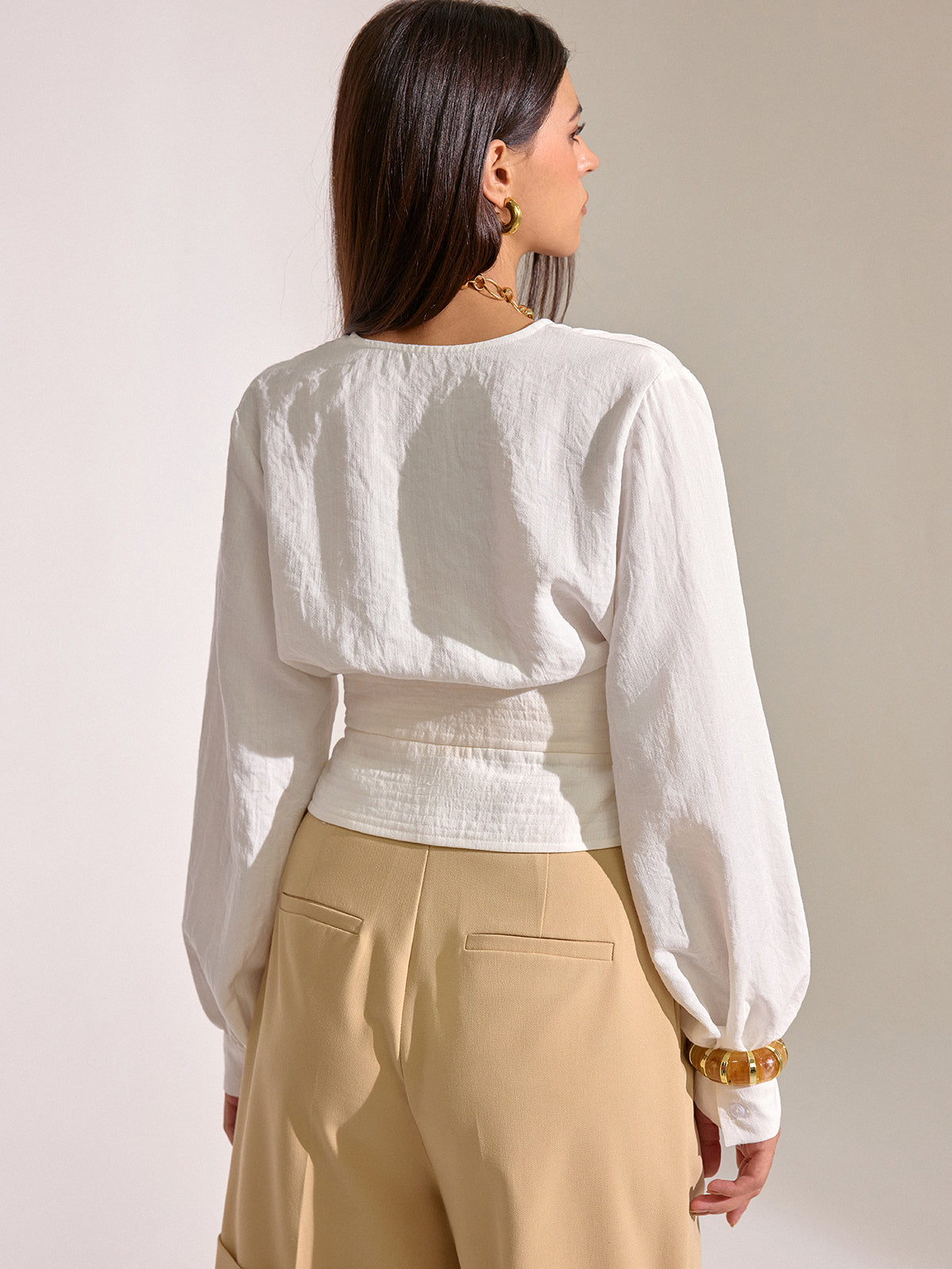 Cinched Waist Tassel Tie Wrap Blouse