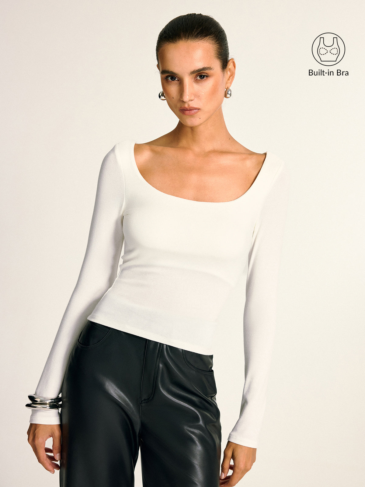 Bra-Free Slim Fit Low Neck Long Sleeve Top