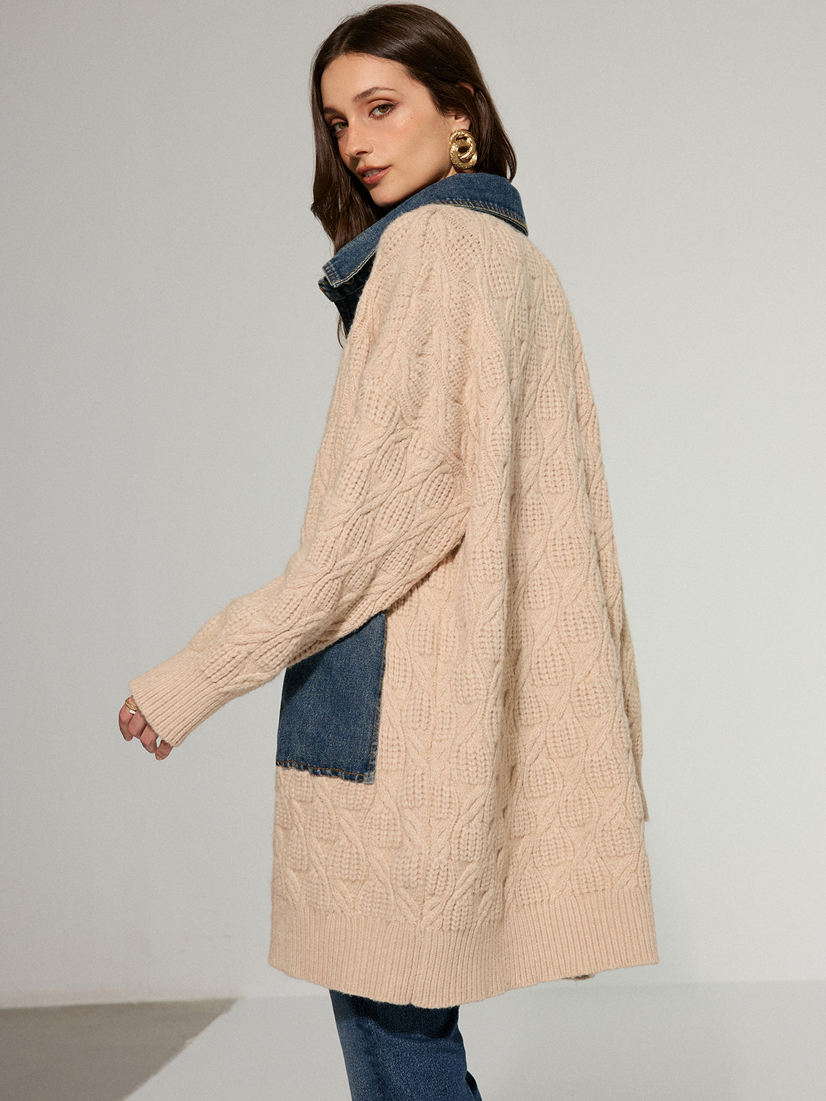 Cable Knit Denim Paneled Longline Cardigan