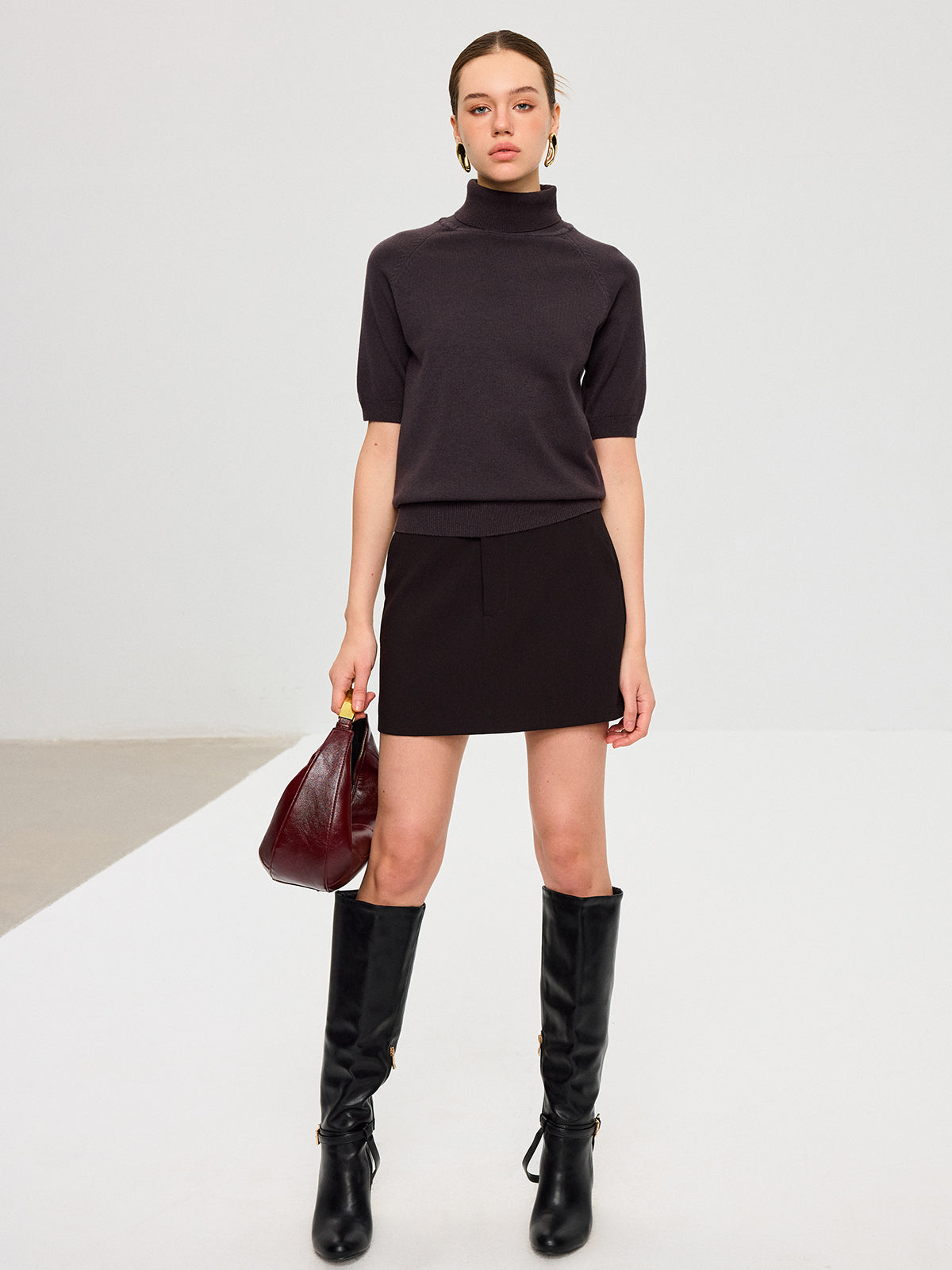 Turtleneck Short Puffed Sleeve Knit Top