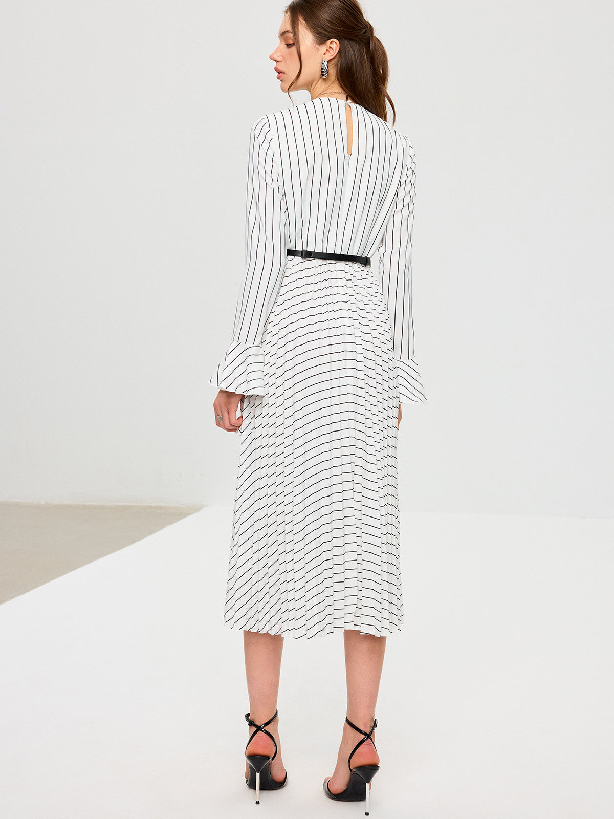 Striped Long Sleeve Belted Midi Dress