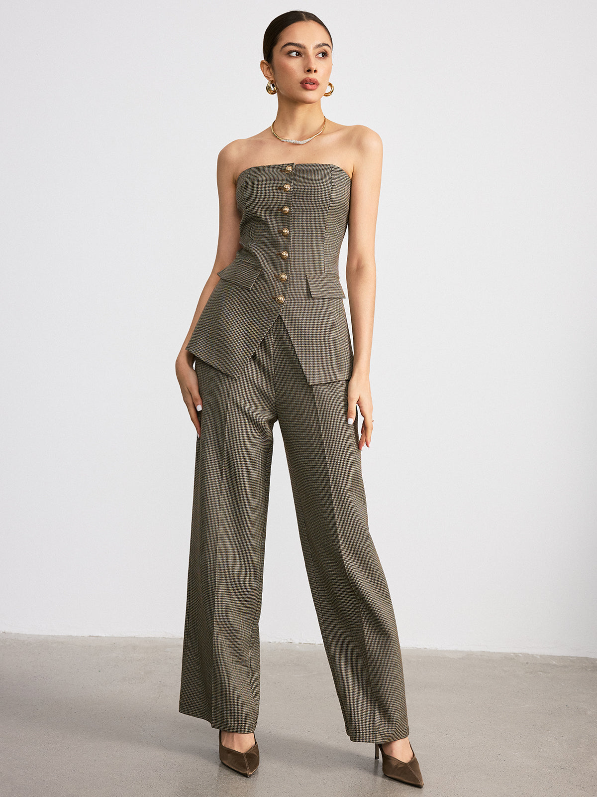Houndstooth Strapless Metal Button Top