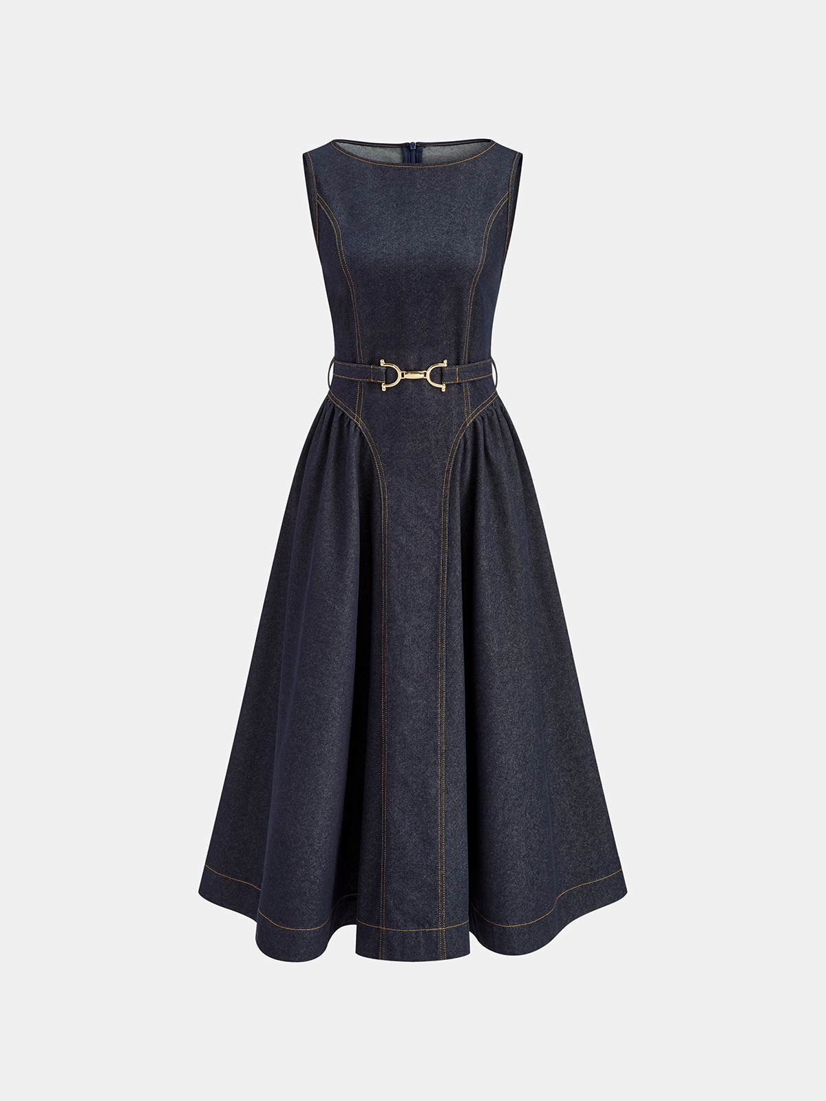 Denim Sleeveless Belted Flared Maxi Dress