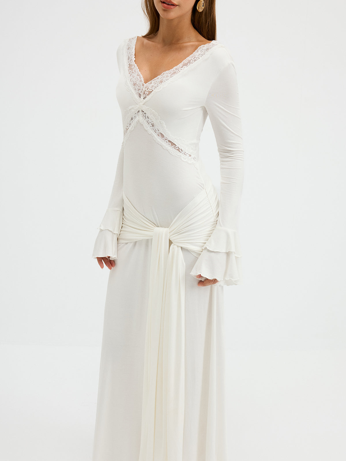 Lace Trim Tie-Waist Tiered Flared-Cuff Maxi Dress
