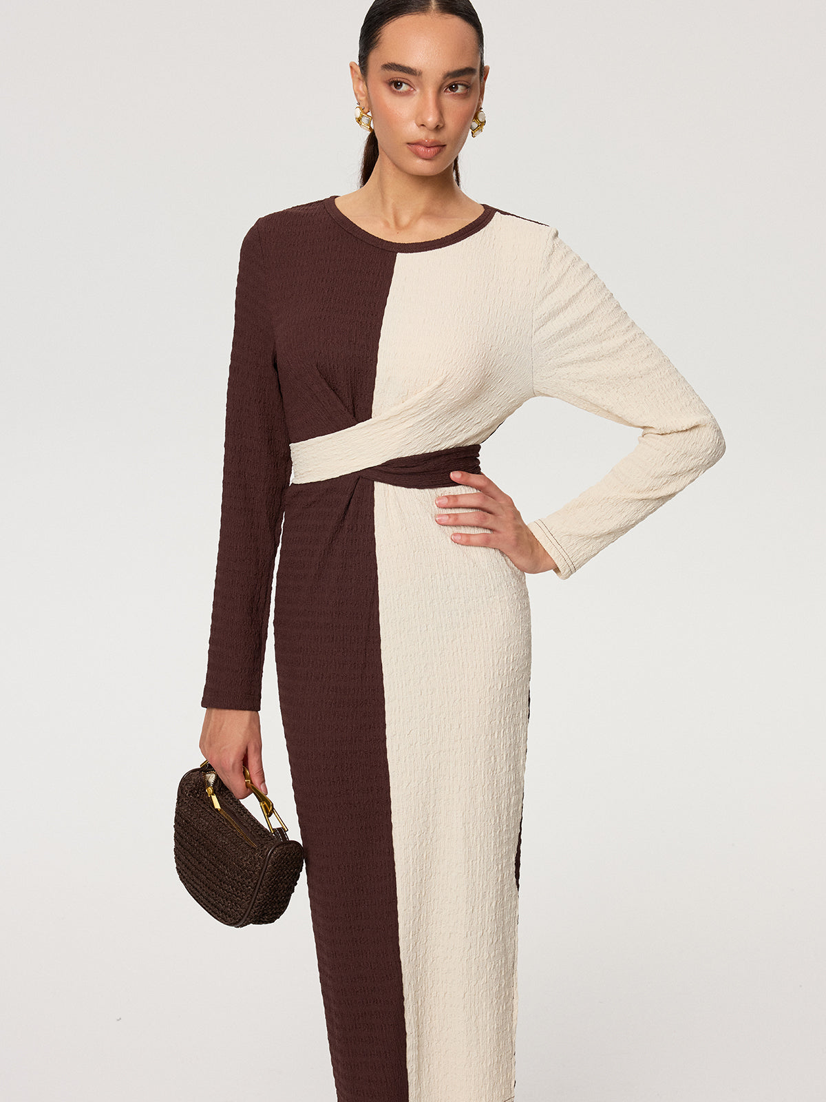 Cross-Tie Textured Color-Block Maxi Dress
