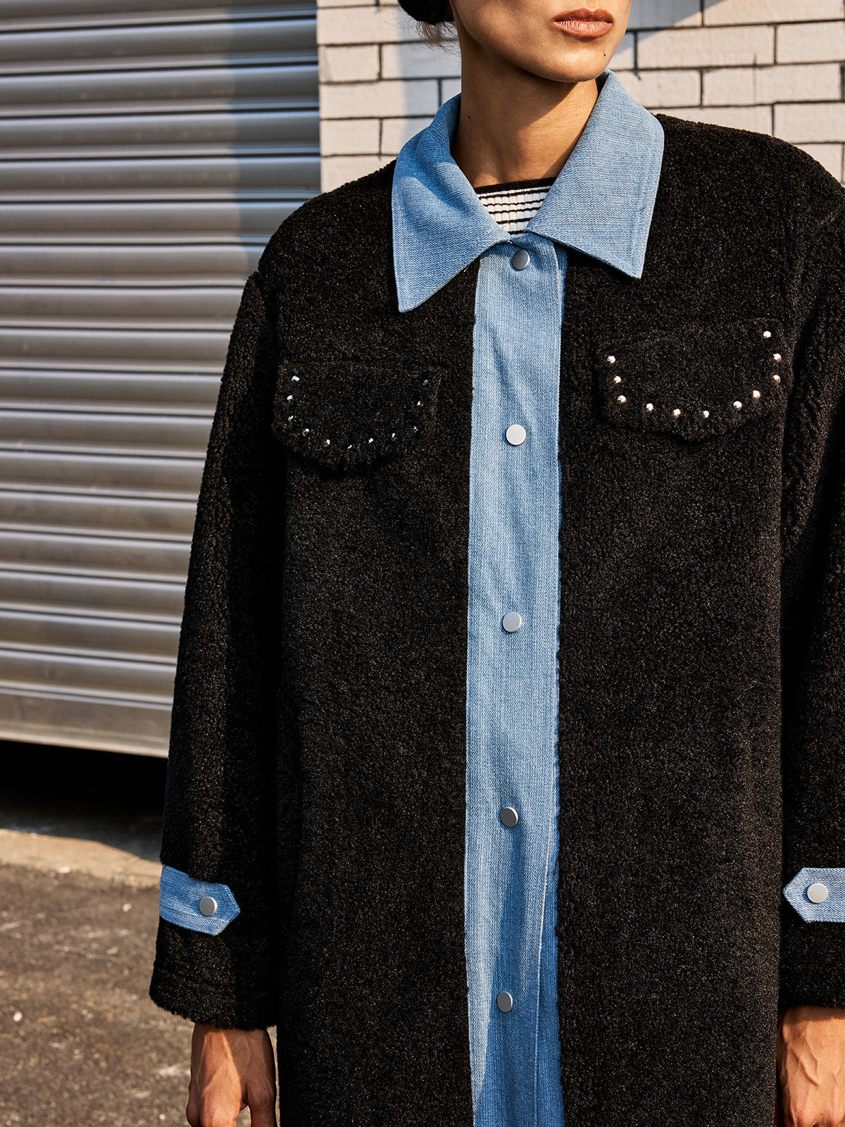 Denim Panel Long Faux Fur Coat
