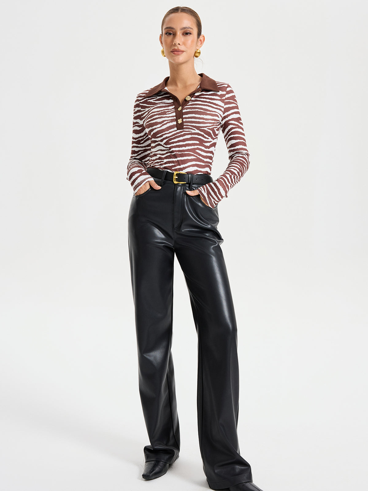 Zebra Print Long Sleeve Polo Shirt