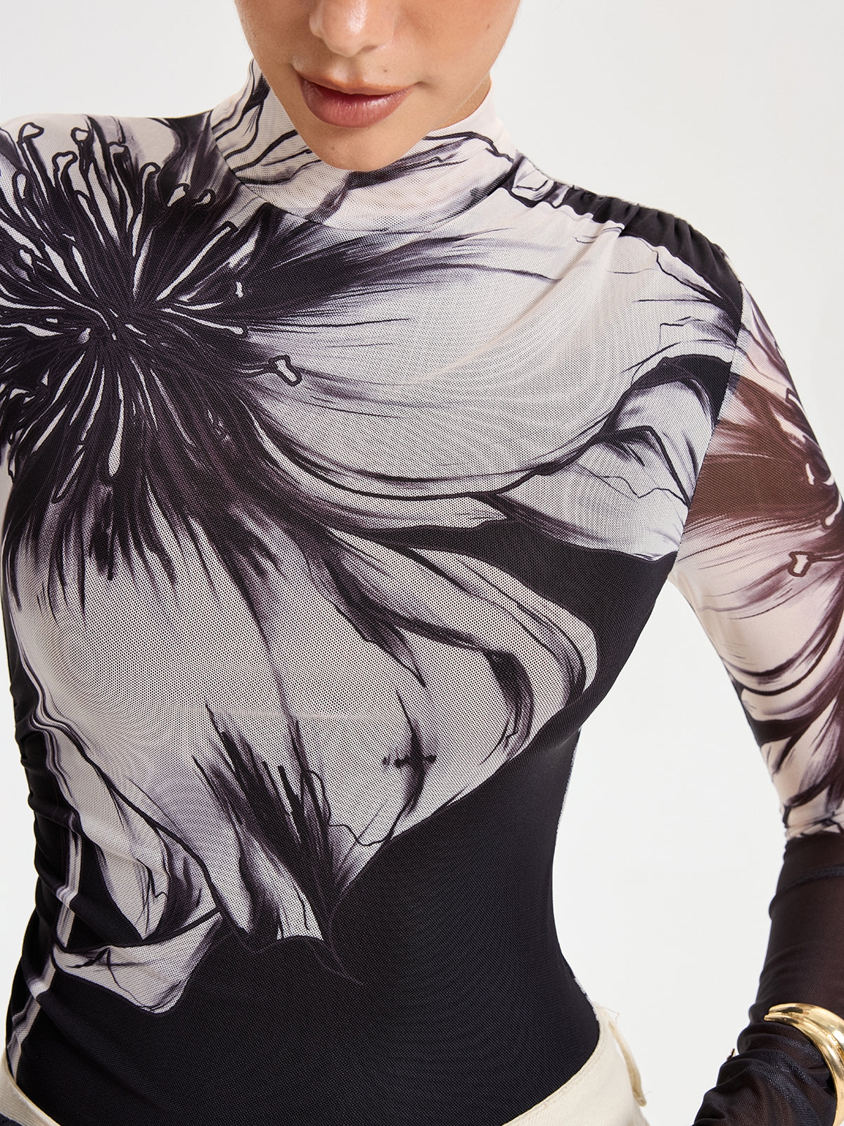 Floral Placement Print Mesh Bodysuit