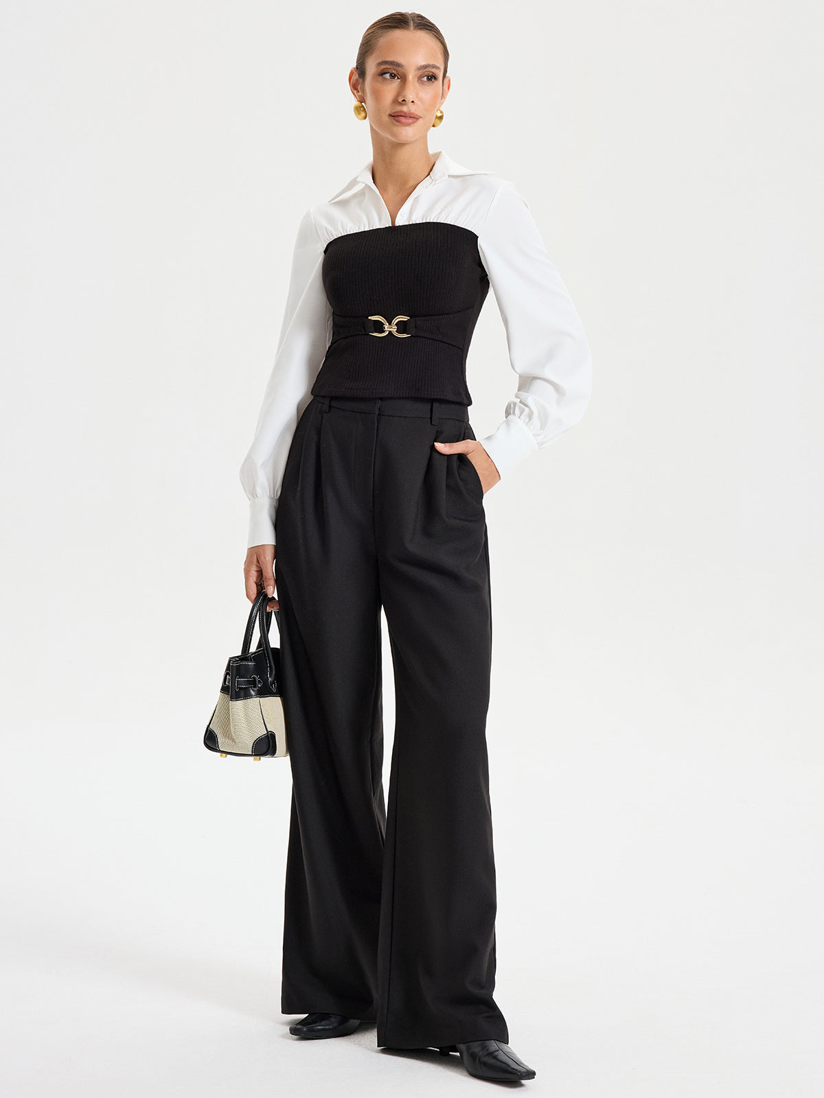 Contrast Ribbed Paneled Long Sleeve Shirt