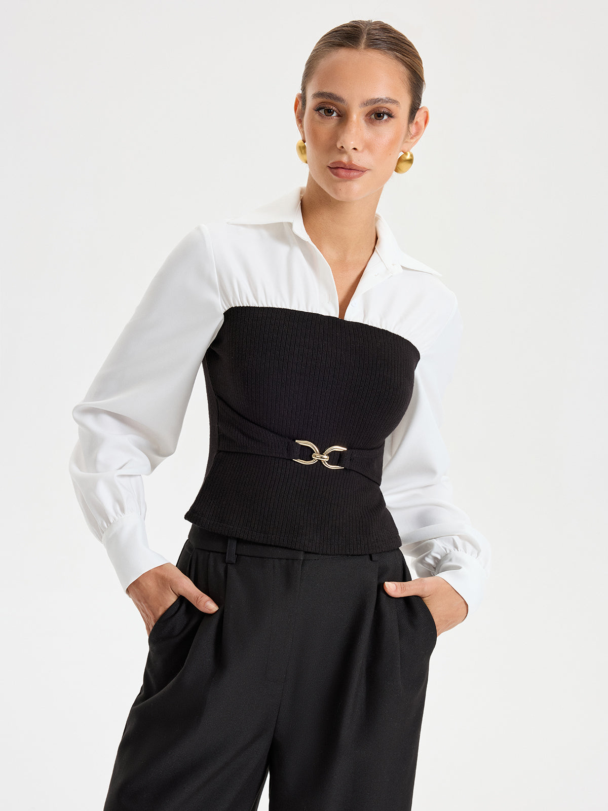 Contrast Ribbed Paneled Long Sleeve Shirt