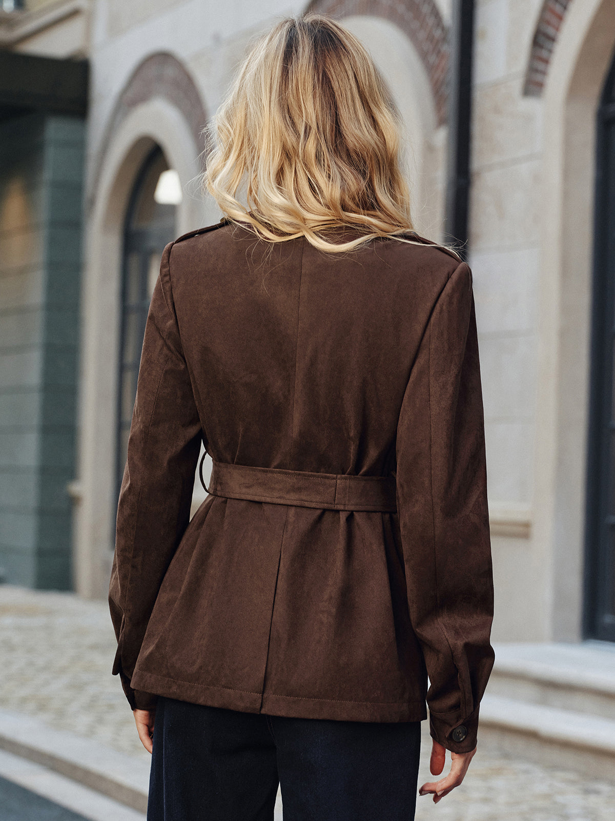 Multiple Pocket Belted Suede Effect Trench Coat