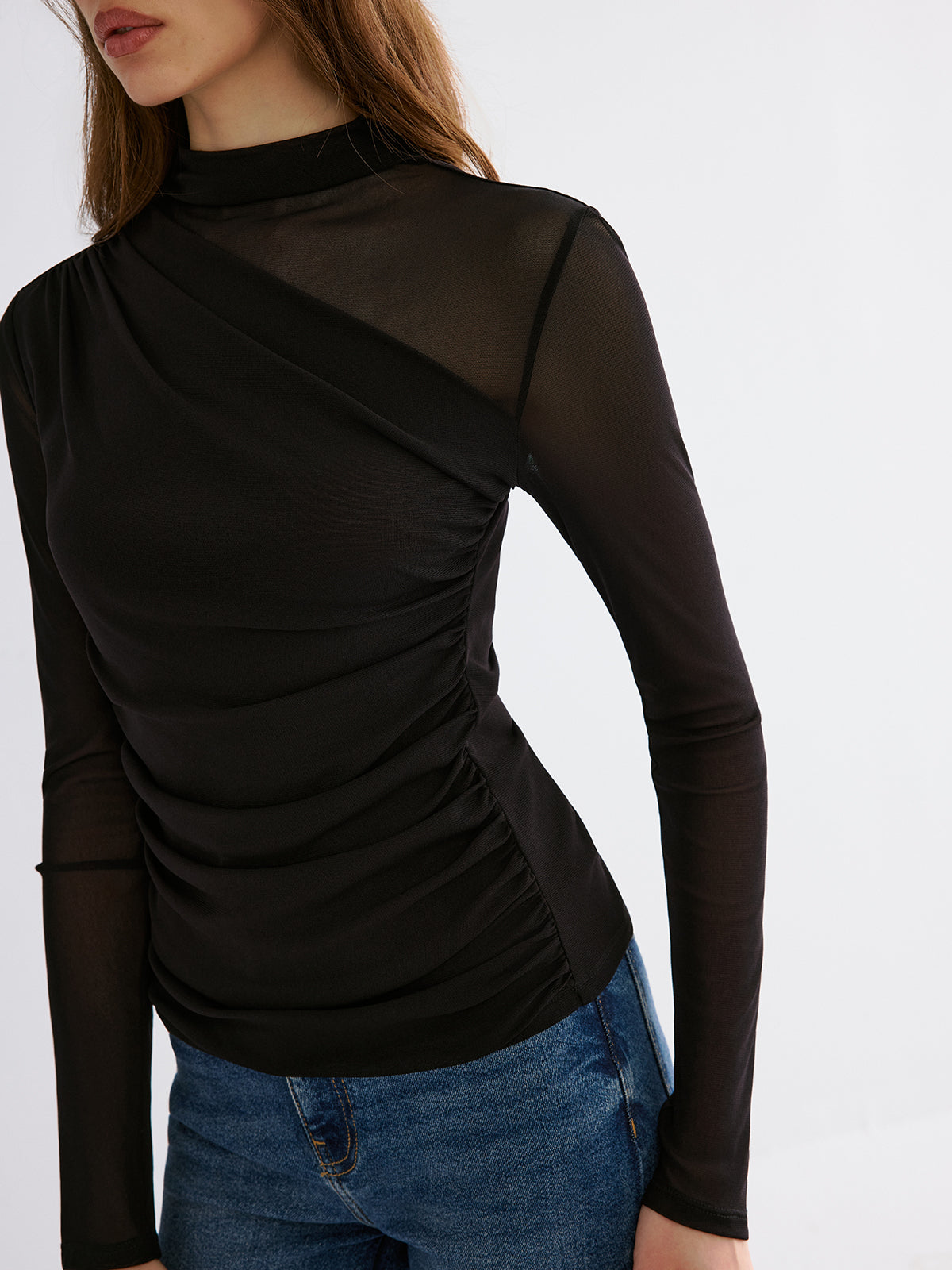 Mesh Paneled Ruched Long Sleeve Knit Top