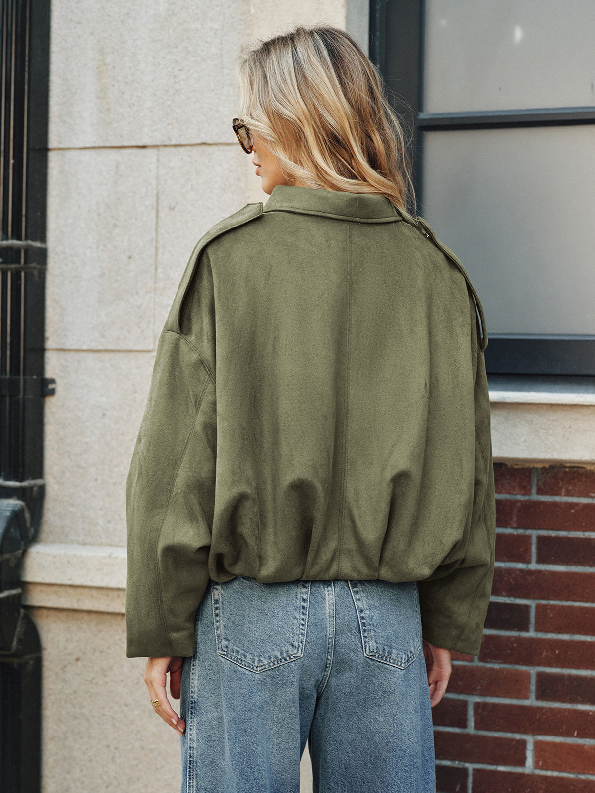 Suede Effect Zip-Up Collared Jacket