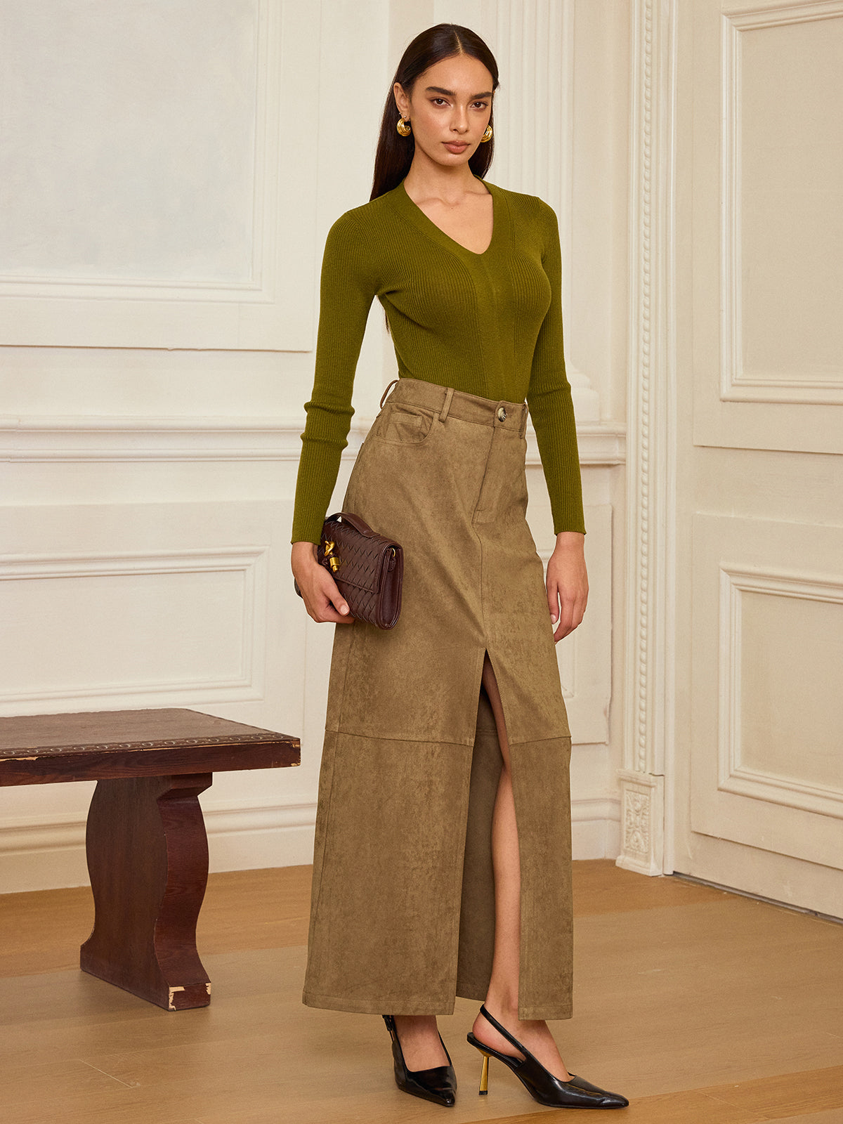 Suede Effect Slit-Front Maxi Skirt