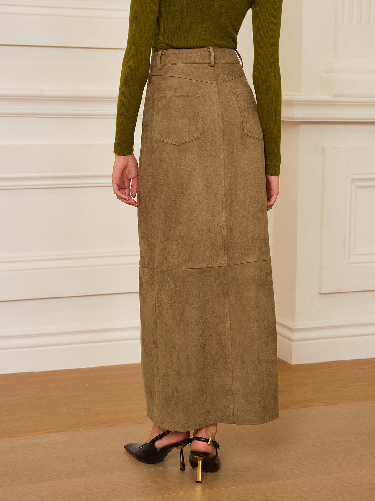 Suede Effect Slit-Front Maxi Skirt