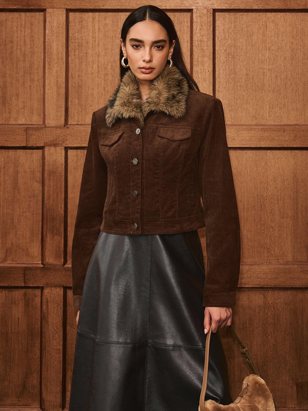 Faux Fur Collar Corduroy Jacket