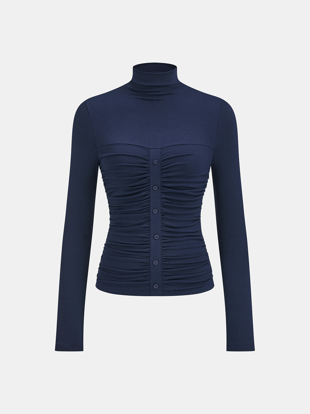 Turtleneck Ruched Decor Button Knit Top