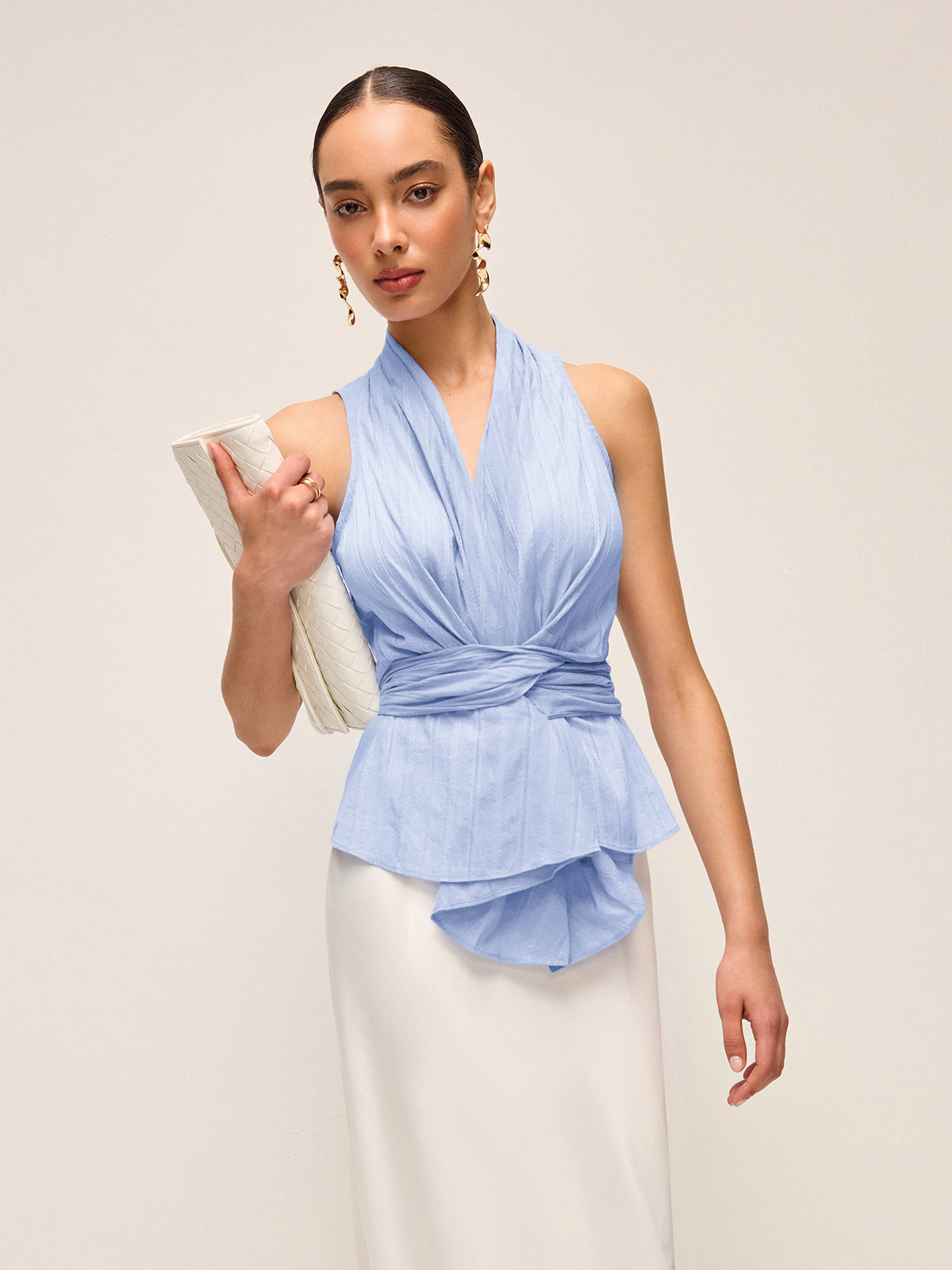 Cotton Draped Wrap Top With Back Bow