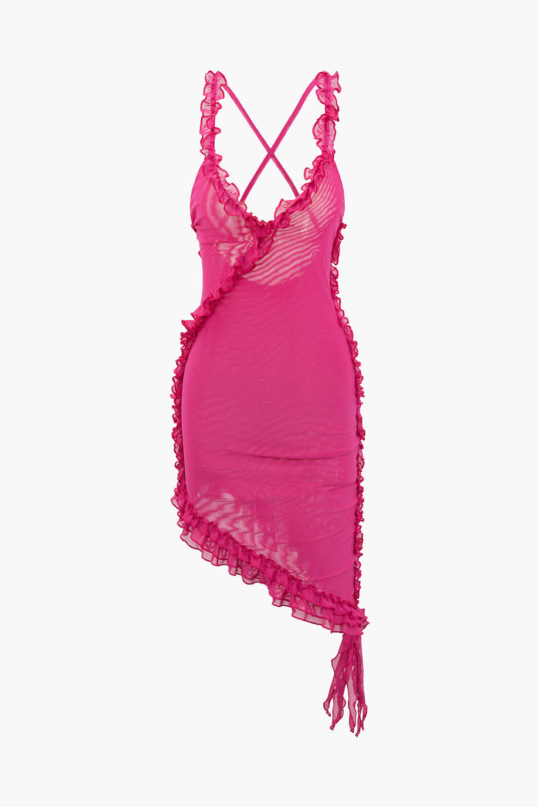 Mini-Kleid mit transparentem Netzstoff, Rüschensaum, asymmetrischem Schnitt und überkreuztem Rückenausschnitt