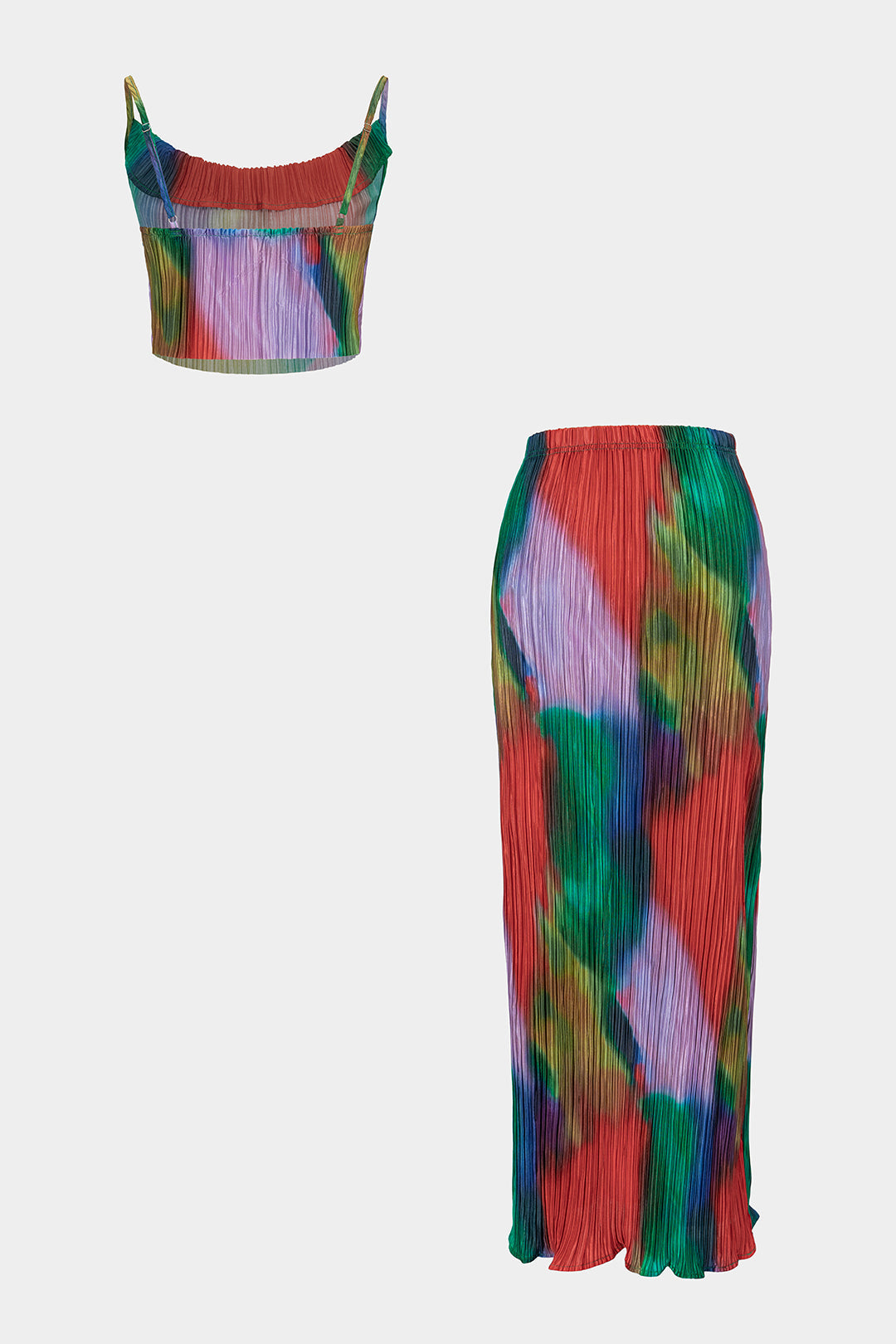 Tie-Dye-Print Plissiertes Satin Cami-Top mit Rundhalsausschnitt und Rock-Set mit Hoher Taille