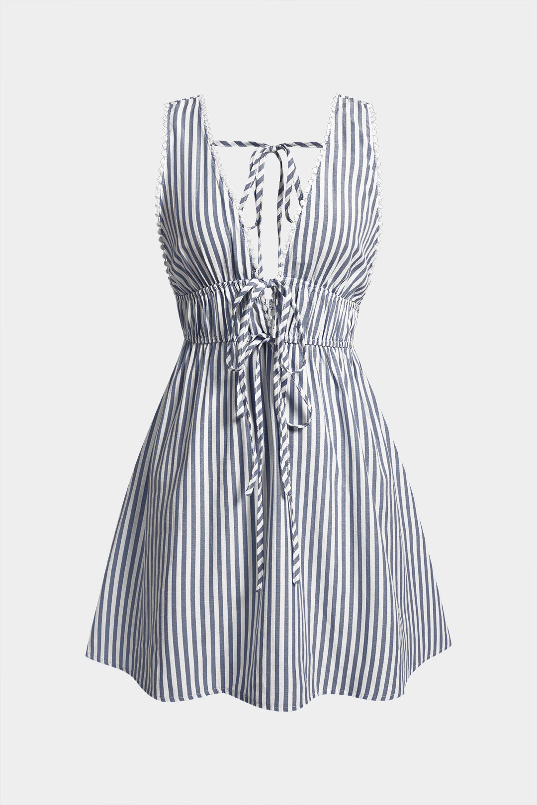 Stripe Print V-Neck Tie-Up Backless Sleeveless Mini Dress