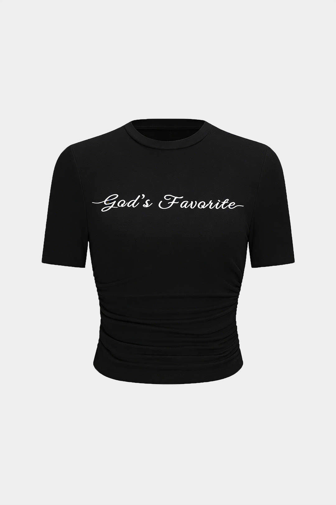 Besticktes T-Shirt mit Rundhalsausschnitt, gerafften kurzen Ärmeln und Schriftzug