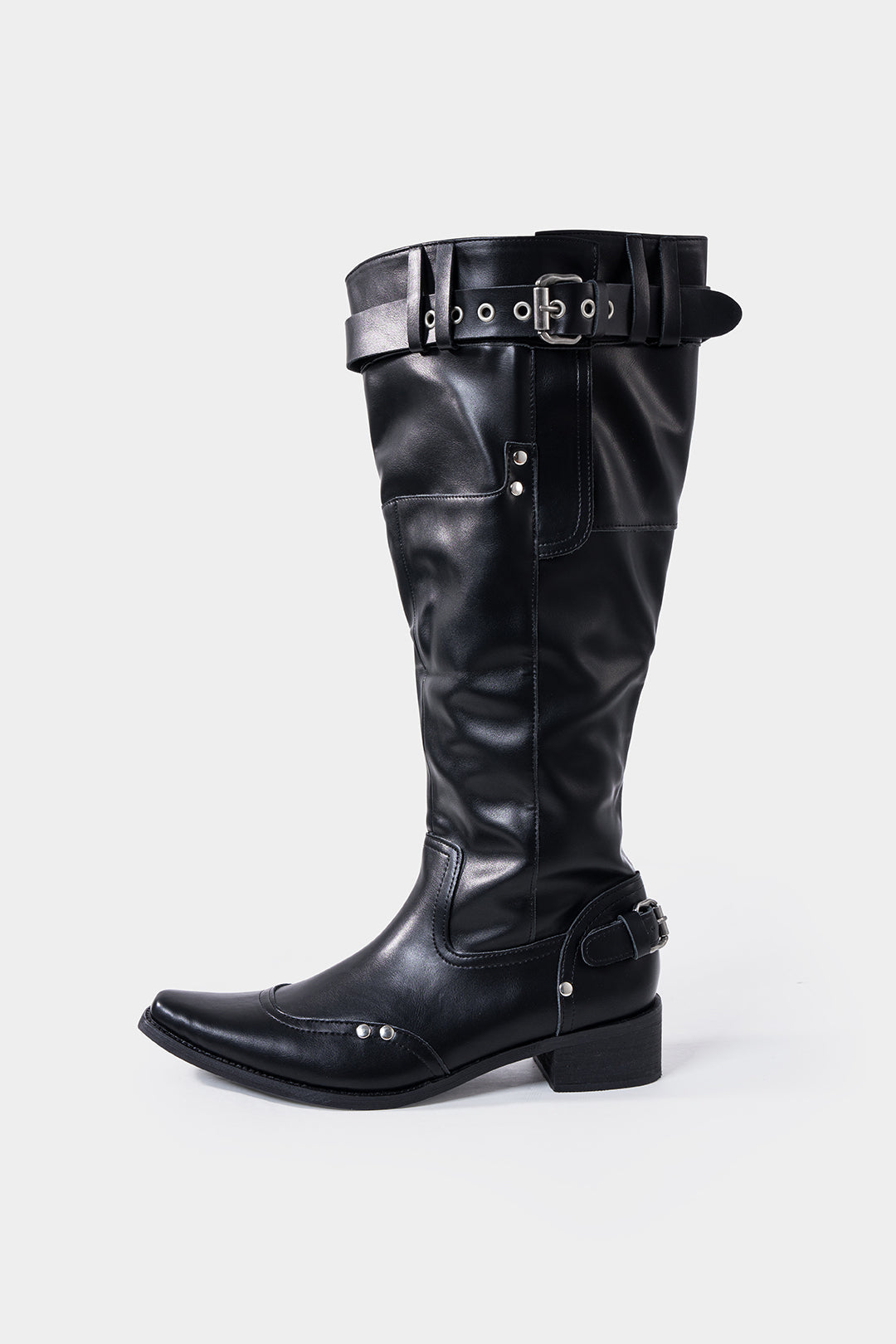 Leather Ruched Buckle Knee High Boots