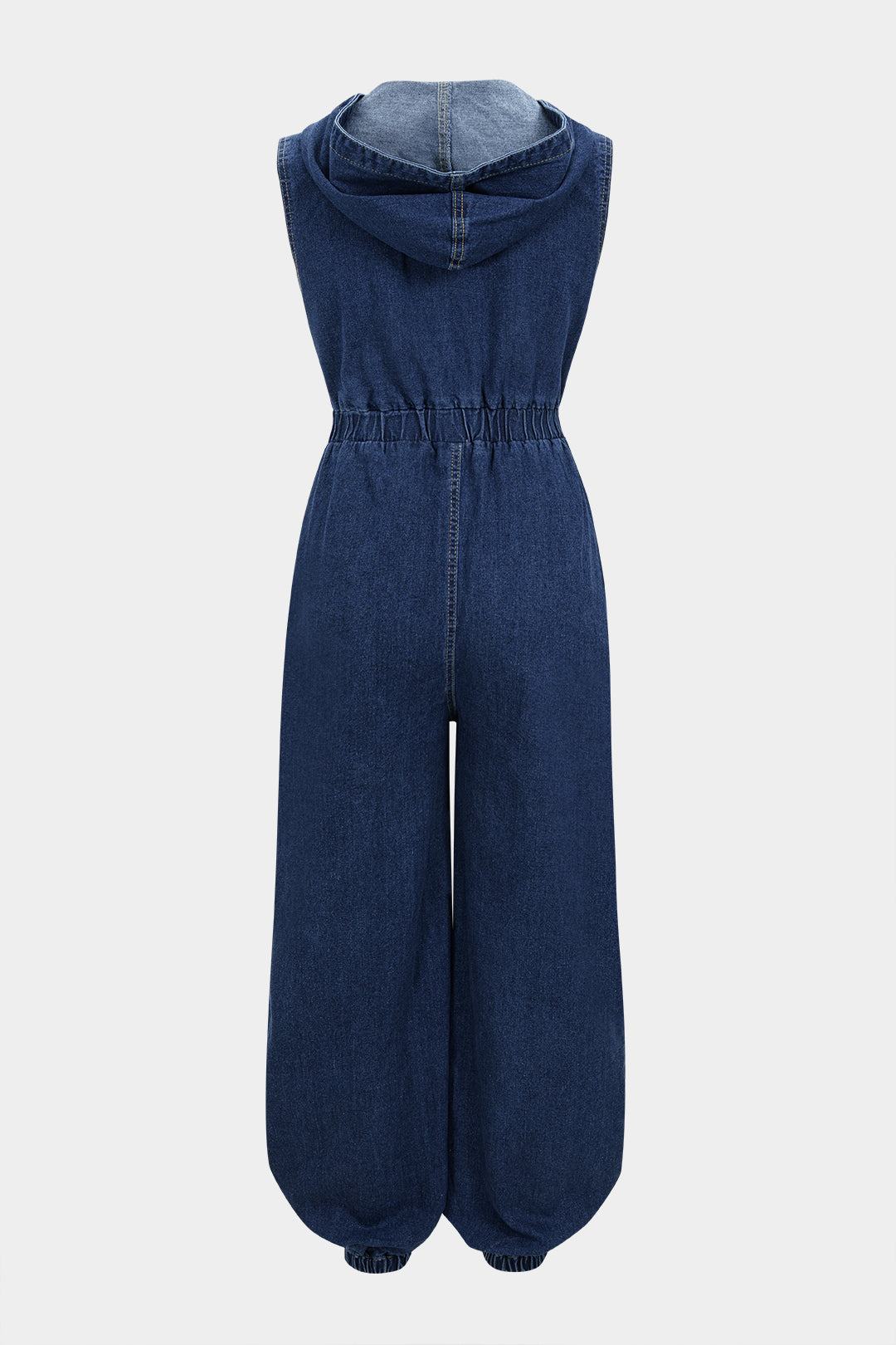 Denim Hooded Shirred Zipper Pocket Sleeveless Jumpsuit