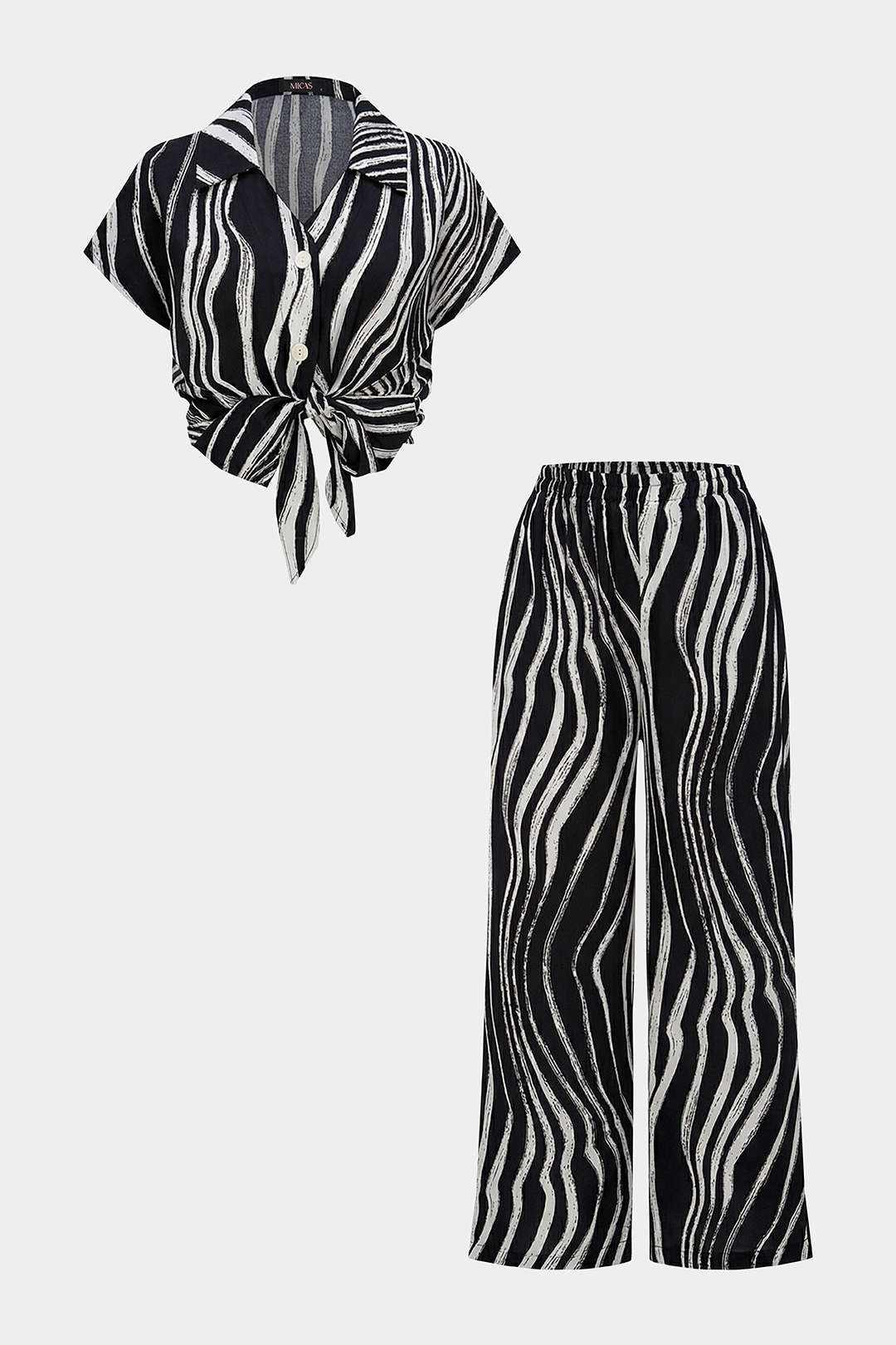 Kontraststreifen-Print-Hemd mit Knöpfen und weite Hose Set