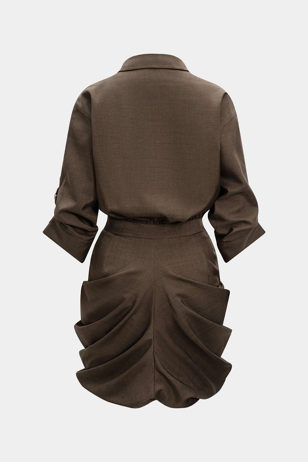 Ruched Button V-Neck Long Sleeve Midi Dress