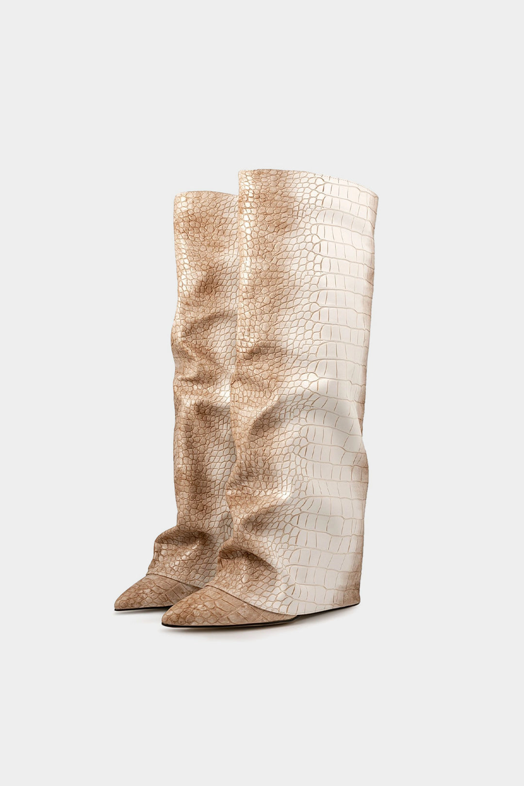 Ombre-Krokodilleder geraffte Stiefel mit spitzer Zehenpartie und Reißverschluss, Wadenhoch