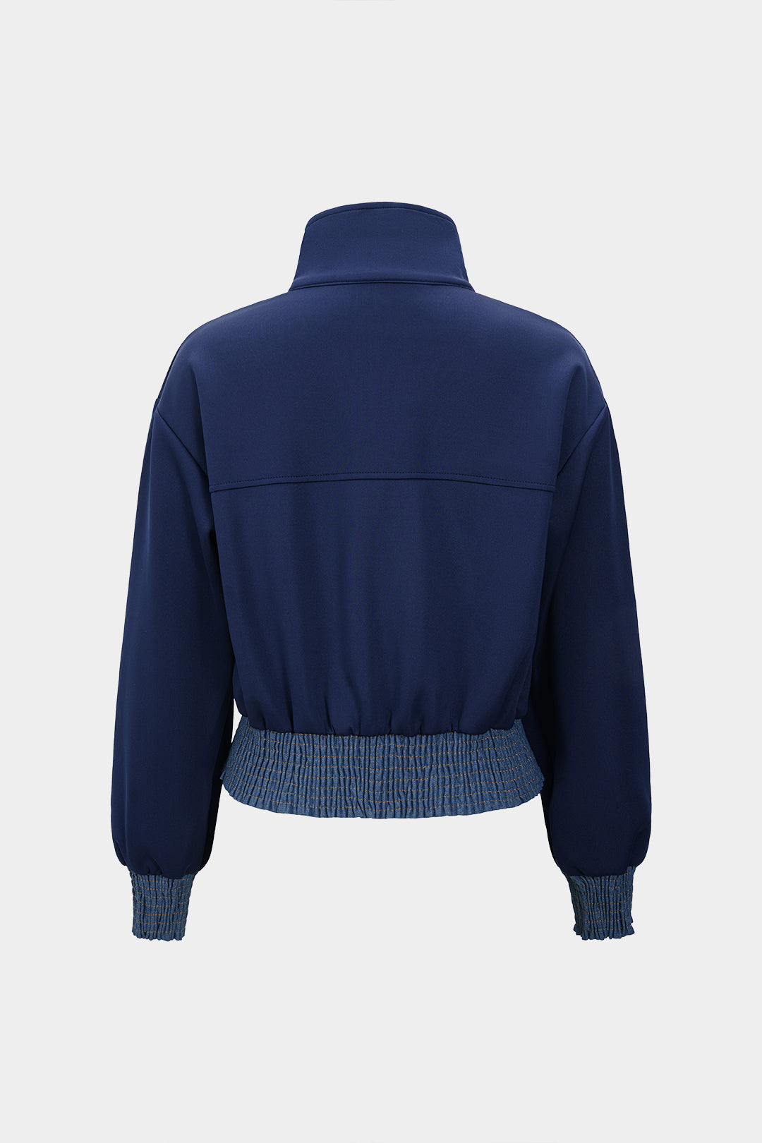 Veste zippée smockée en jean patchwork contrastant